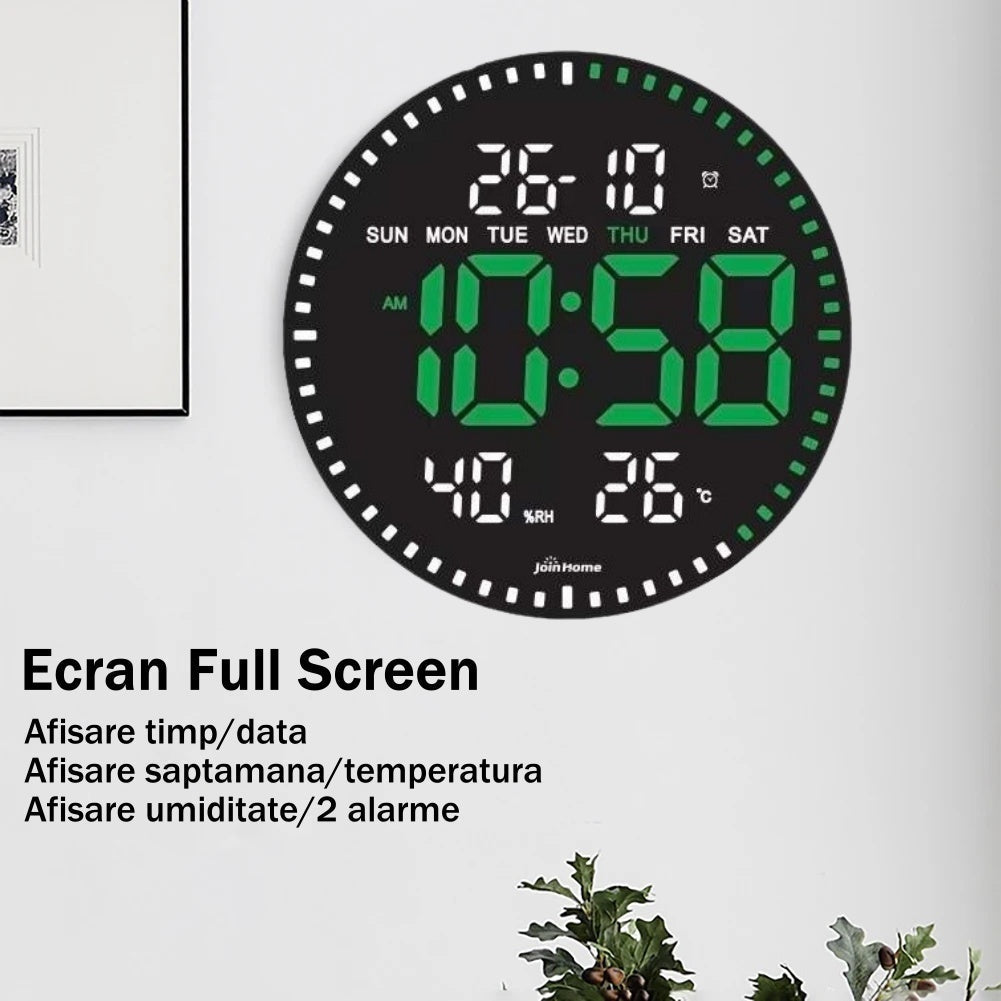 Ceas Digital de Perete cu Lumina Led Verde, Secundar, Calendar, Temperatura, Termometru, Cronometru, Telecomanda, Afisare Umiditate, 28cm