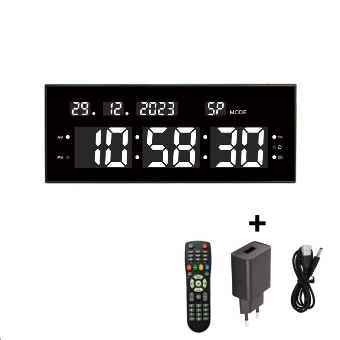 Ceas Digital cu Cronometru de Masa si de Perete cu Lumina Led Alb, Calendar, Timer, Alarma, Luminozitate Adjustabila, 32x12cm