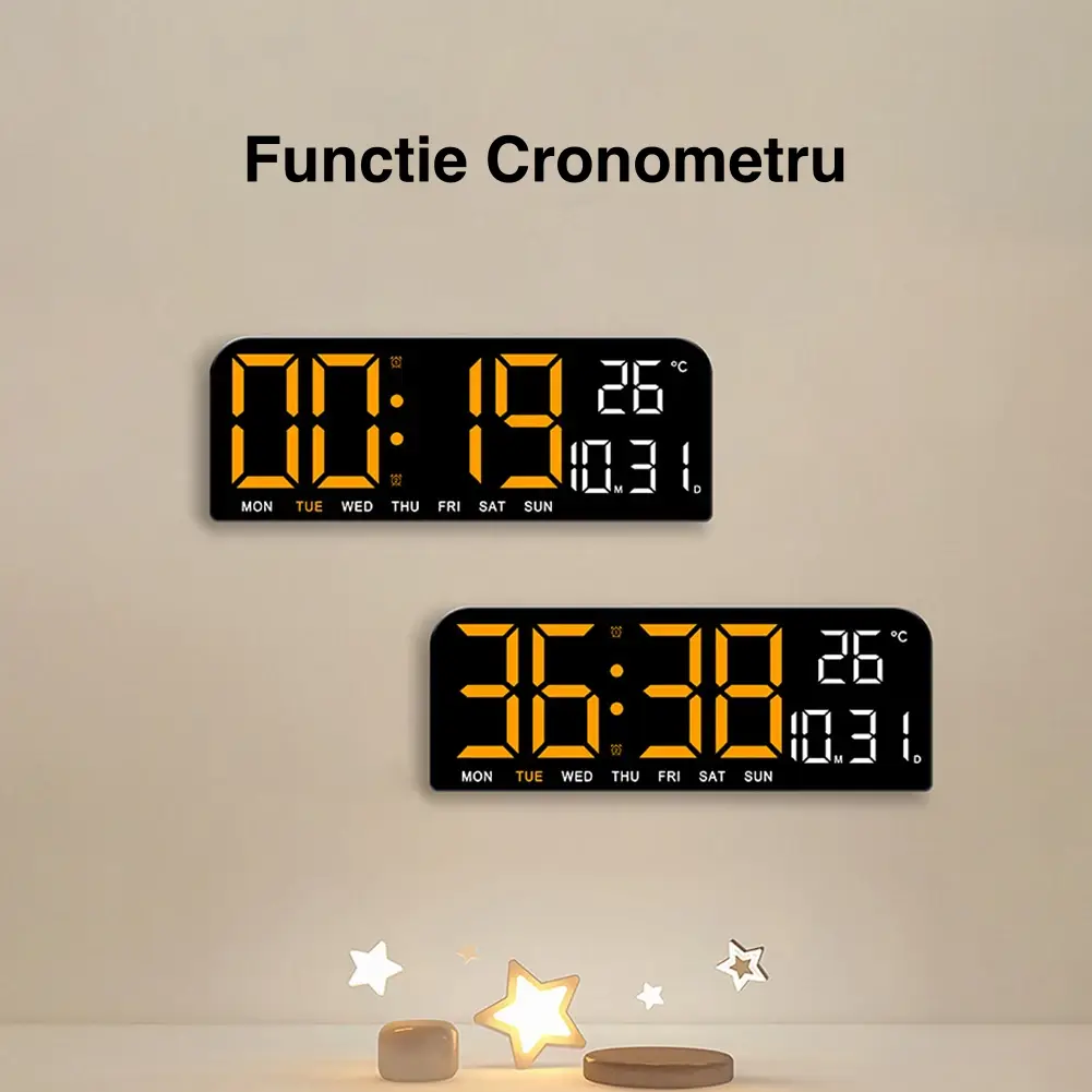 Ceas Digital de Masa si de Perete cu Lumina Led Portocaliu, Calendar, Cronometru, Temperatura, Alarma, Termometru, Functie Snooze, Luminozitate Adjustabila, 24x9cm
