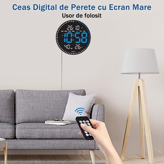 Ceas Digital de Perete cu Lumina Led Albastru, Secundar, Calendar, Temperatura, Termometru, Cronometru, Telecomanda, Afisare Umiditate, 28cm
