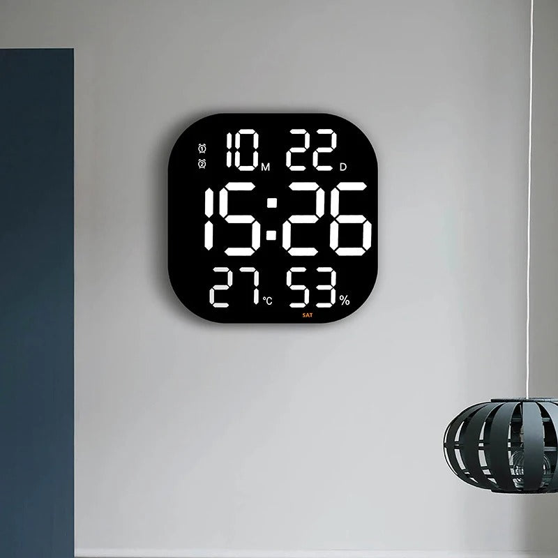 Ceas Digital de Masa si de Perete cu Lumina Led Alb, Calendar, Cronometru, Temperatura, Alarma, Termometru, Functie Snooze, Luminozitate Adjustabila, 32x32cm