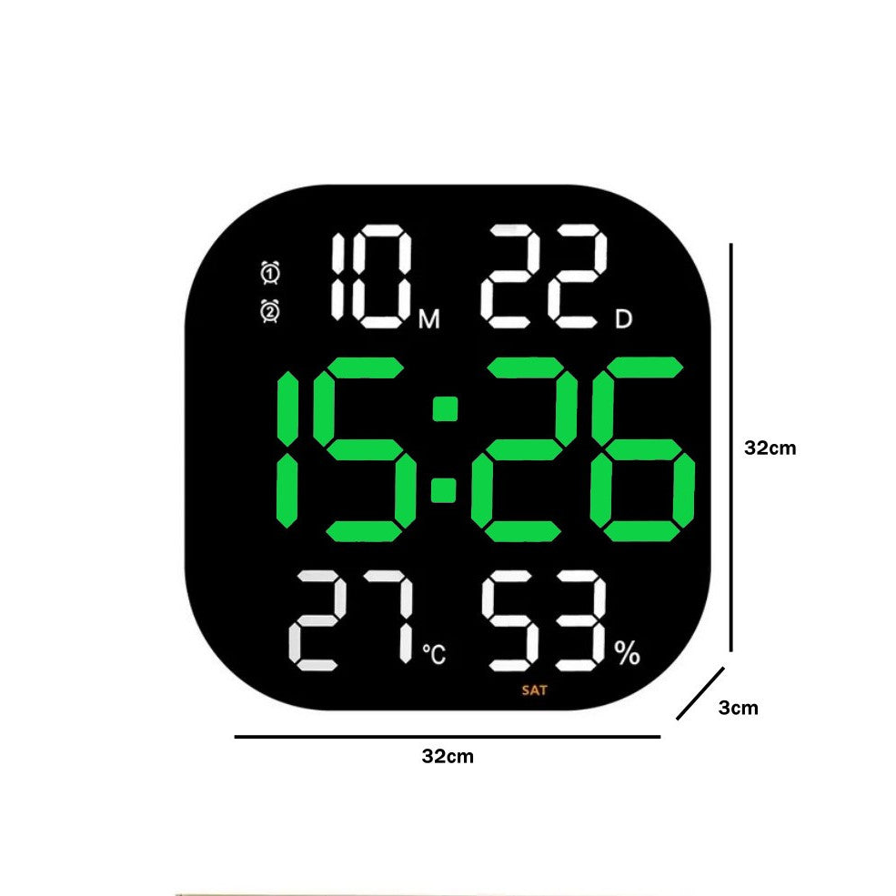 Ceas Digital de Masa si de Perete cu Lumina Led Verde, Cronometru, Calendar, Temperatura, Alarma, Termometru, Functie Snooze, Luminozitate Adjustabila, 32x32cm