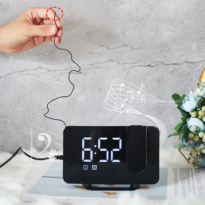 Ceas Digital cu Led Alb Radio si Proiectie Pana la 5M Inaltime Alb, Rotire la 180°, Radio, Alarma, Port Incarcare USB, Temperatura, Ecran LED, 2 Niveluri de Luminozitate, Negru