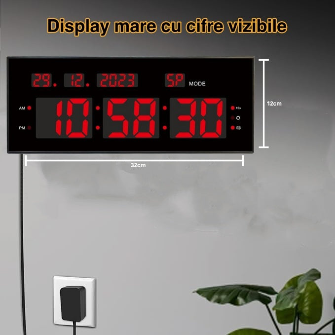 Ceas Digital cu Cronometru de Masa si de Perete cu Lumina Led Rosu, Calendar, Timer, Alarma, Luminozitate Adjustabila, 32x12cm