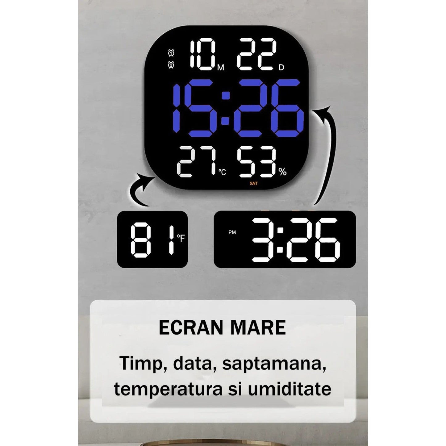 Ceas Digital de Masa si de Perete cu Lumina Led Albastru, Calendar, Cronometru, Temperatura, Alarma, Termometru, Functie Snooze, Luminozitate Adjustabila, 32x32cm