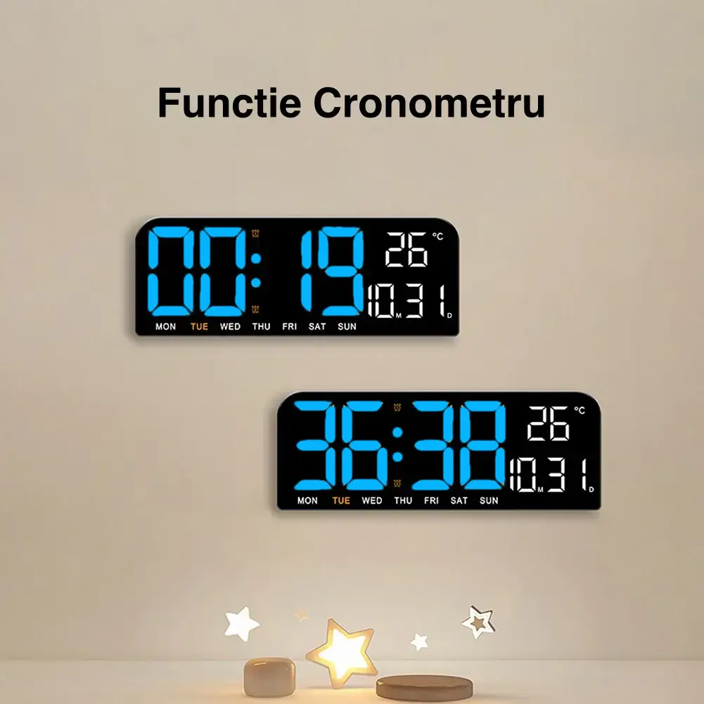 Ceas Digital de Masa si de Perete cu Lumina Led Albastru, Calendar, Cronometru, Temperatura, Alarma, Termometru, Functie Snooze, Luminozitate Adjustabila, 24x9cm