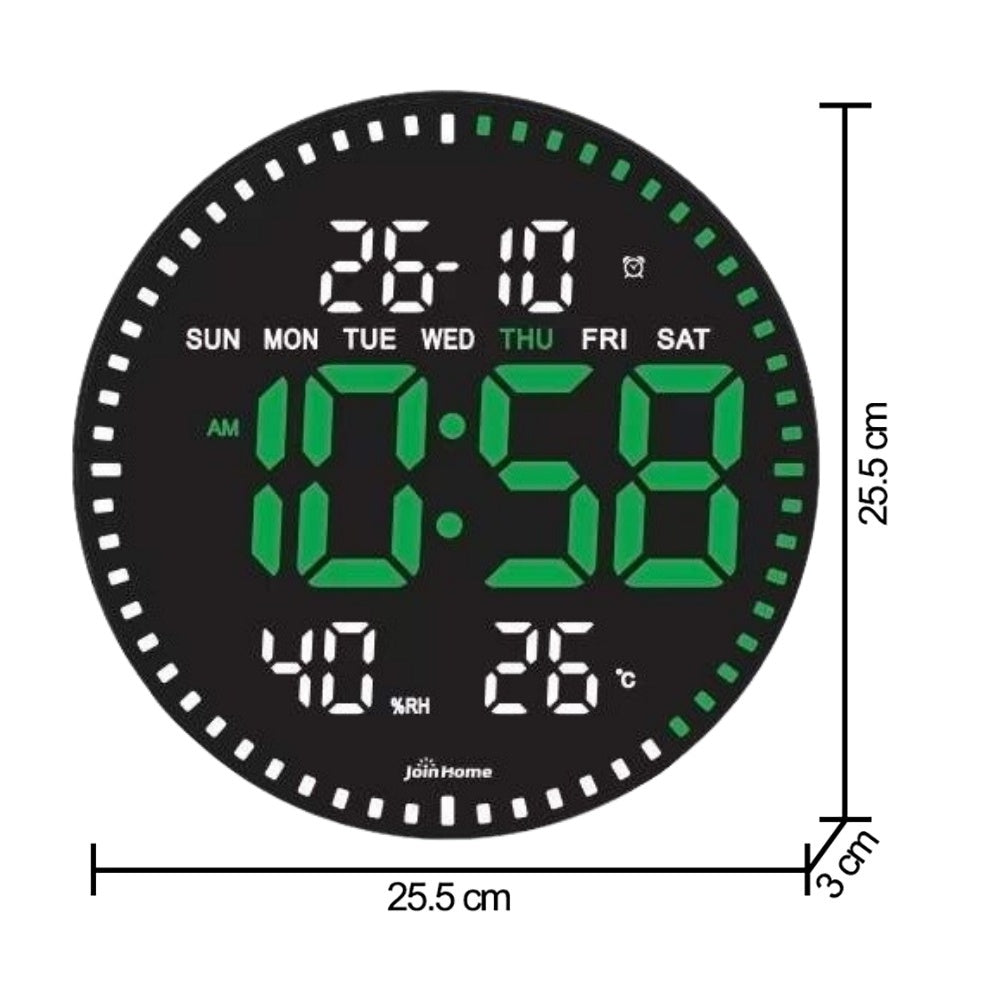 Ceas Digital de Perete cu Lumina Led Verde, Secundar, Calendar, Temperatura, Termometru, Cronometru, Telecomanda, Afisare Umiditate, 28cm