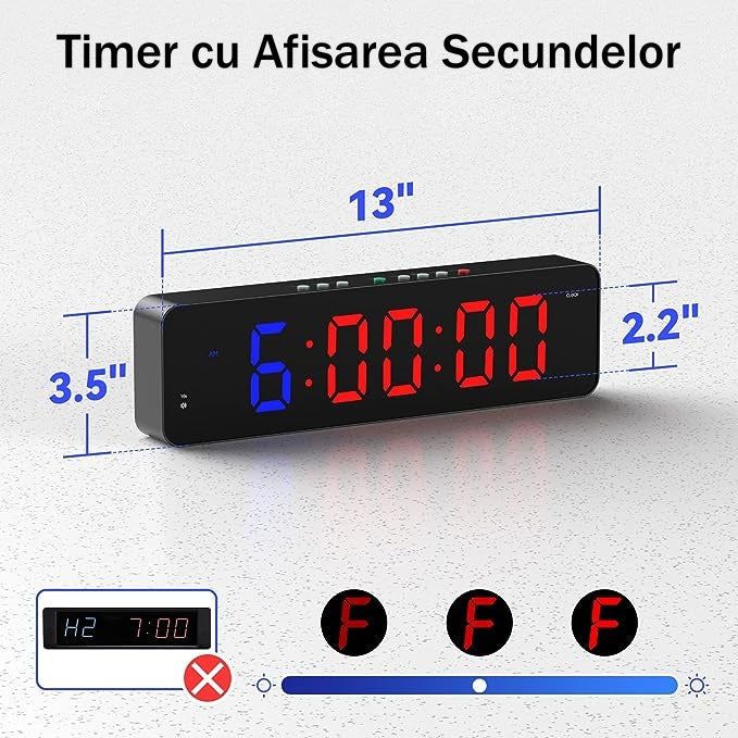 Ceas Digital de Masa sau Perete cu Led Rosu, Cronometru, Numaratoare Inversa, Afisaj Mare, Telecomanda Inclusa, Perfect Pentru Sali de Sport sau Activitati Sportive, 36x13cm, Negru