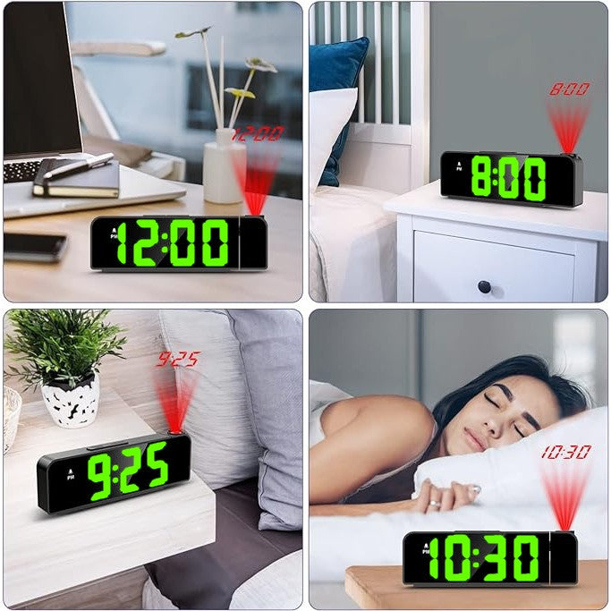 Ceas Digital de Masa cu Lumina Led Verde, Proiectie Pana la 5M, Temperatura, Alarma, Termometru, Functie Snooze, Luminozitate Adjustabila, 20x8cm