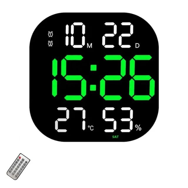 Ceas Digital de Masa si de Perete cu Lumina Led Verde, Cronometru, Calendar, Temperatura, Alarma, Termometru, Functie Snooze, Luminozitate Adjustabila, 32x32cm