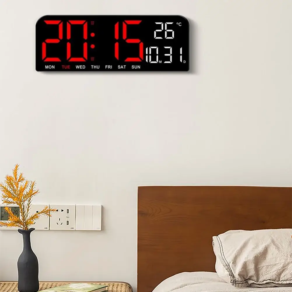 Ceas Digital de Masa si de Perete cu Lumina Led Rosu, Calendar, Cronometru, Temperatura, Alarma, Termometru, Functie Snooze, Luminozitate Adjustabila, 24x9cm