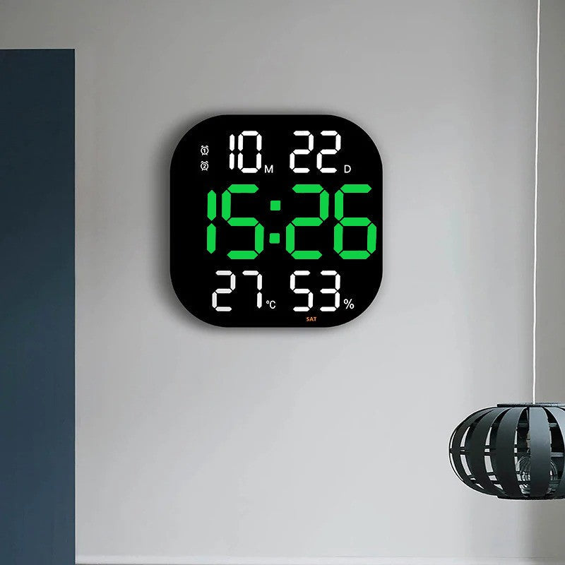 Ceas Digital de Masa si de Perete cu Lumina Led Verde, Cronometru, Calendar, Temperatura, Alarma, Termometru, Functie Snooze, Luminozitate Adjustabila, 32x32cm