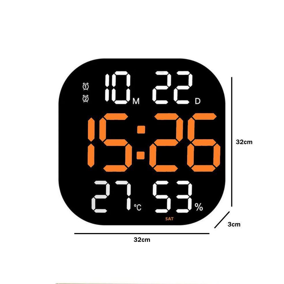 Ceas Digital de Masa si de Perete cu Lumina Led Portocaliu, Calendar, Cronometru, Temperatura, Alarma, Termometru, Functie Snooze, Luminozitate Adjustabila, 32x32cm