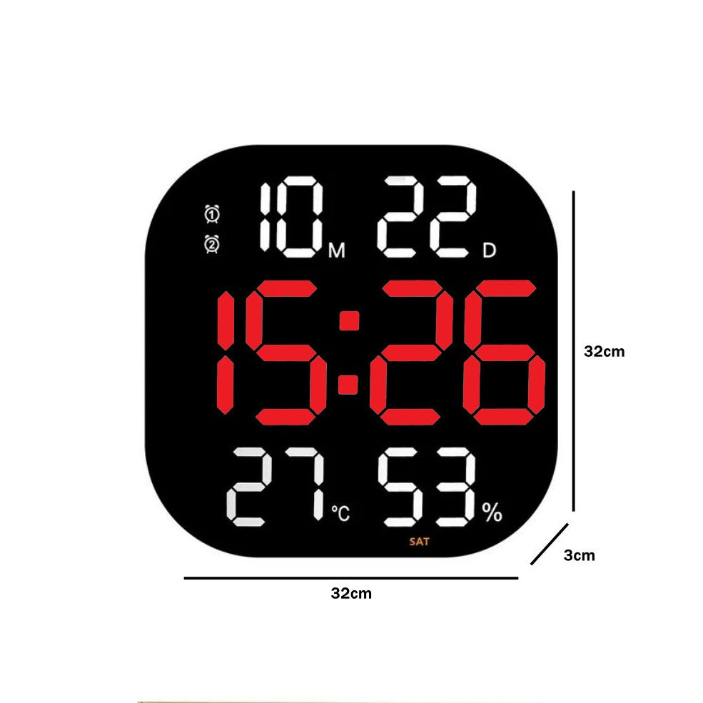 Ceas Digital de Masa si de Perete cu Lumina Led Rosu, Cronometru, Calendar, Temperatura, Alarma, Termometru, Functie Snooze, Luminozitate Adjustabila, 32x32cm