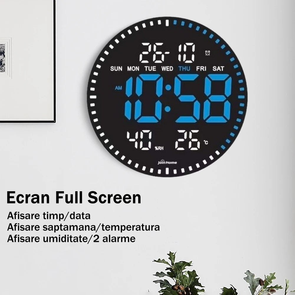 Ceas Digital de Perete cu Lumina Led Albastru, Secundar, Calendar, Temperatura, Termometru, Cronometru, Telecomanda, Afisare Umiditate, 28cm