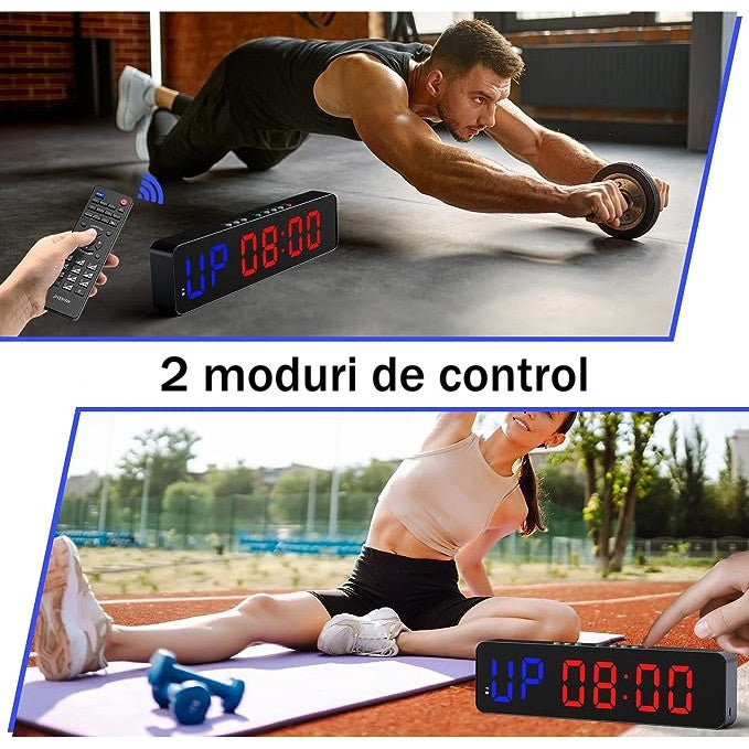 Ceas Digital de Masa sau Perete cu Led Rosu, Cronometru, Numaratoare Inversa, Afisaj Mare, Telecomanda Inclusa, Perfect Pentru Sali de Sport sau Activitati Sportive, 36x13cm, Negru