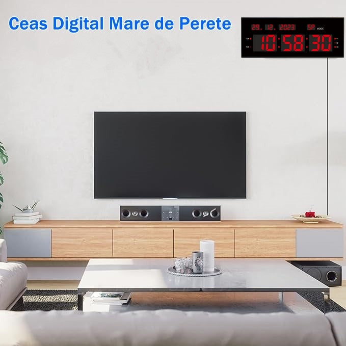 Ceas Digital cu Cronometru de Masa si de Perete cu Lumina Led Rosu, Calendar, Timer, Alarma, Luminozitate Adjustabila, 32x12cm