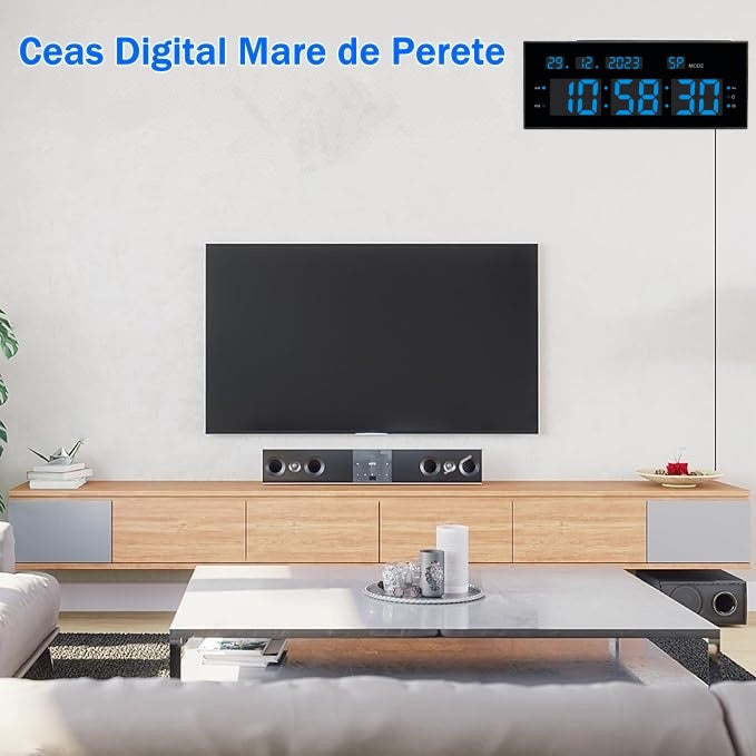 Ceas Digital cu Cronometru de Masa si de Perete cu Lumina Led Albastru, Calendar, Timer, Alarma, Luminozitate Adjustabila, 32x12cm