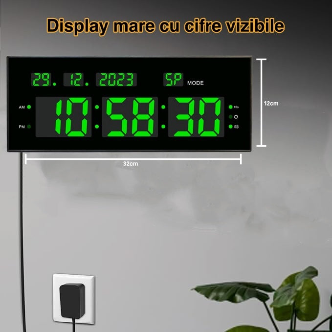 Ceas Digital cu Cronometru de Masa si de Perete cu Lumina Led Verde, Calendar, Timer, Alarma, Luminozitate Adjustabila, 32x12cm