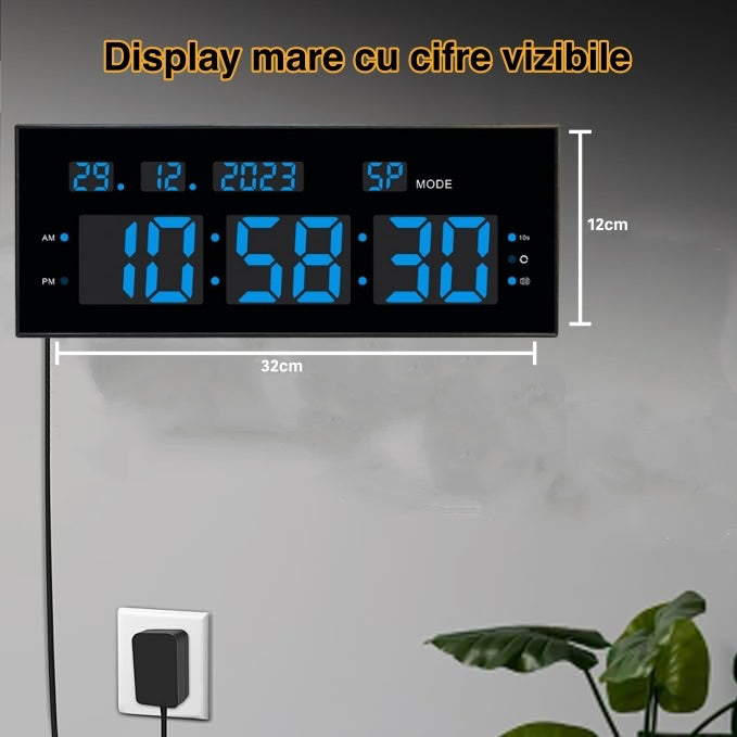 Ceas Digital cu Cronometru de Masa si de Perete cu Lumina Led Albastru, Calendar, Timer, Alarma, Luminozitate Adjustabila, 32x12cm