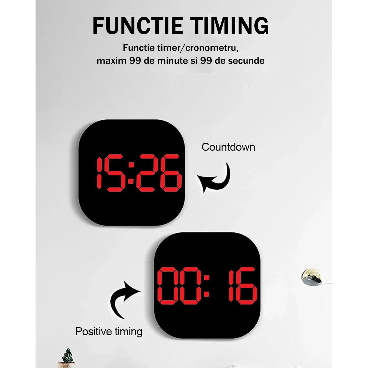 Ceas Digital de Masa si de Perete cu Lumina Led Rosu, Cronometru, Calendar, Temperatura, Alarma, Termometru, Functie Snooze, Luminozitate Adjustabila, 32x32cm