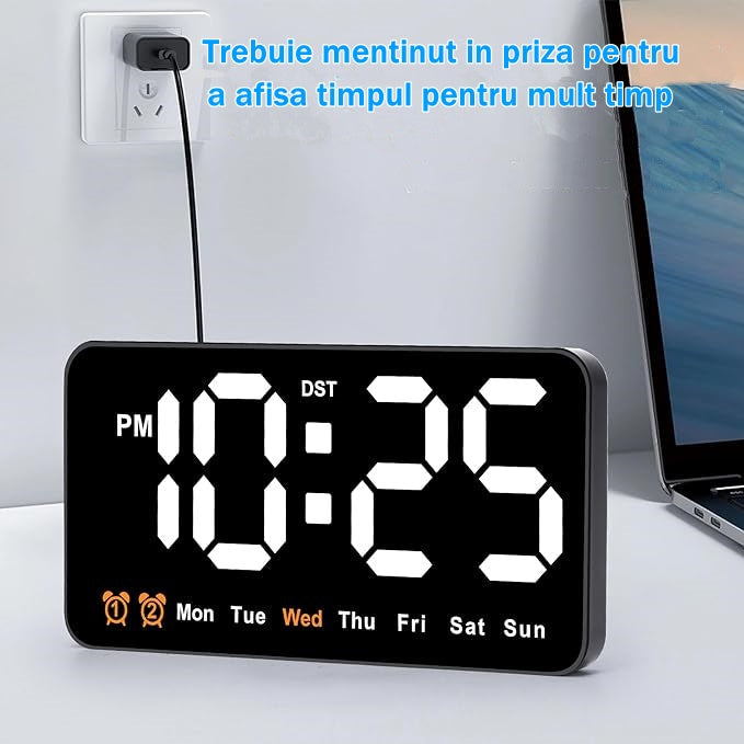 Ceas Digital de Masa si de Perete cu Lumina Led Alb, Alarma, Calendar, Temperatura, Functie Snooze, Mod de Noapte, 11x21cm