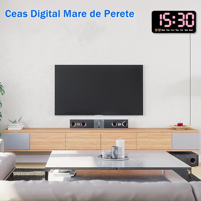 Ceas Digital de Masa si de Perete cu Lumina Led Roz, Alarma, Calendar, Temperatura, Functie Snooze, Mod de Noapte, 11x21cm