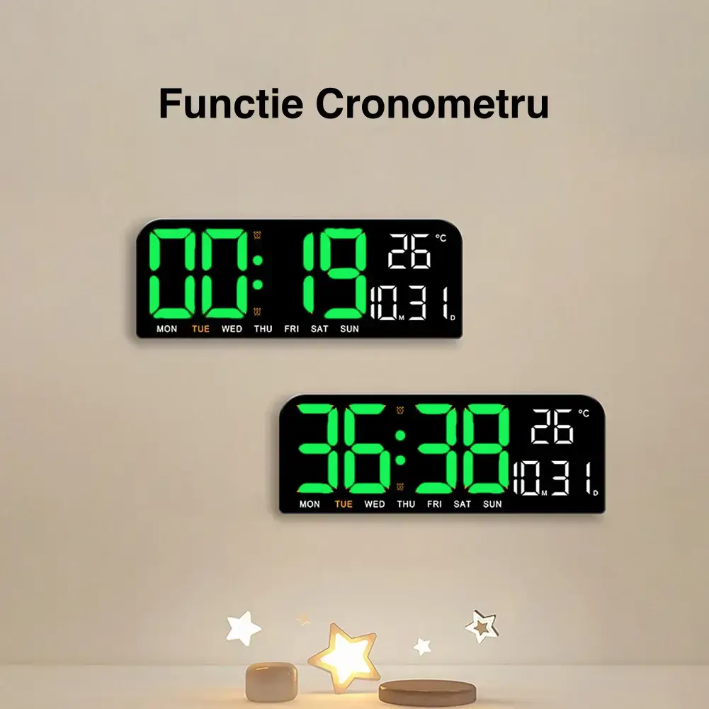 Ceas Digital de Masa si de Perete cu Lumina Led Verde, Calendar, Cronometru, Temperatura, Alarma, Termometru, Functie Snooze, Luminozitate Adjustabila, 24x9cm