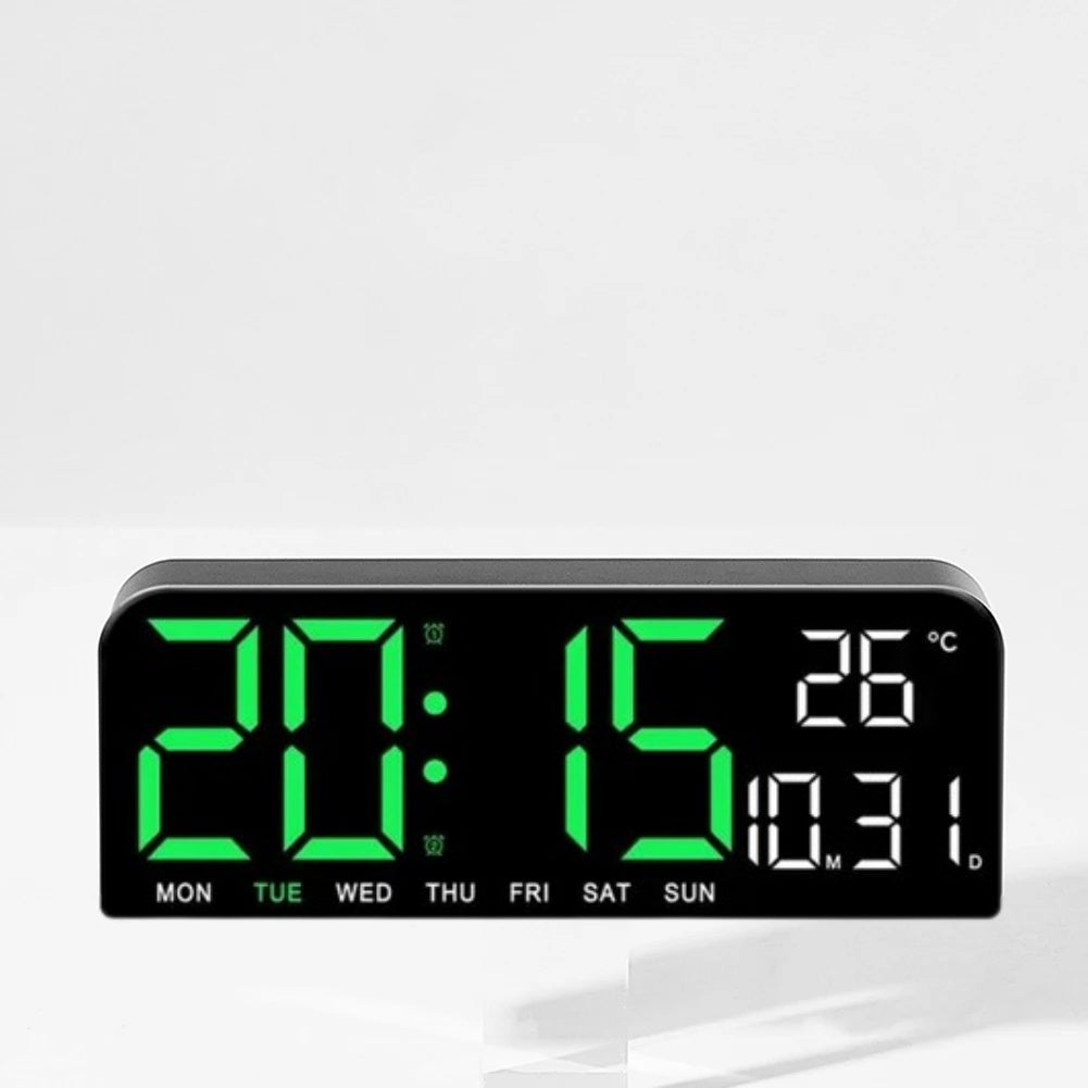 Ceas Digital de Masa si de Perete cu Lumina Led Verde, Calendar, Cronometru, Temperatura, Alarma, Termometru, Functie Snooze, Luminozitate Adjustabila, 24x9cm