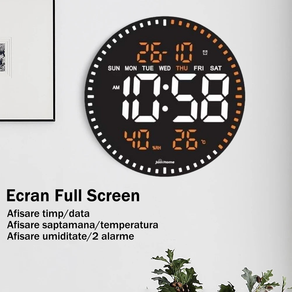 Ceas Digital de Perete cu Lumina Led Portocaliu, Secundar, Calendar, Temperatura, Termometru, Cronometru, Telecomanda, Afisare Umiditate, 28cm