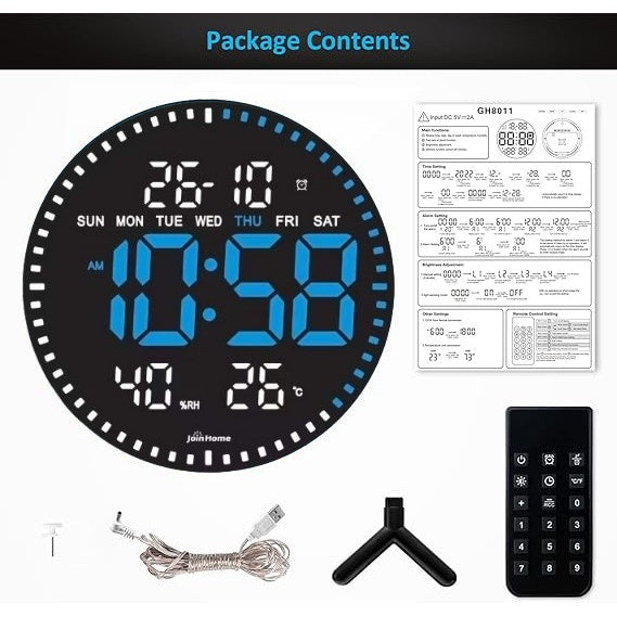 Ceas Digital de Perete cu Lumina Led Albastru, Secundar, Calendar, Temperatura, Termometru, Cronometru, Telecomanda, Afisare Umiditate, 28cm