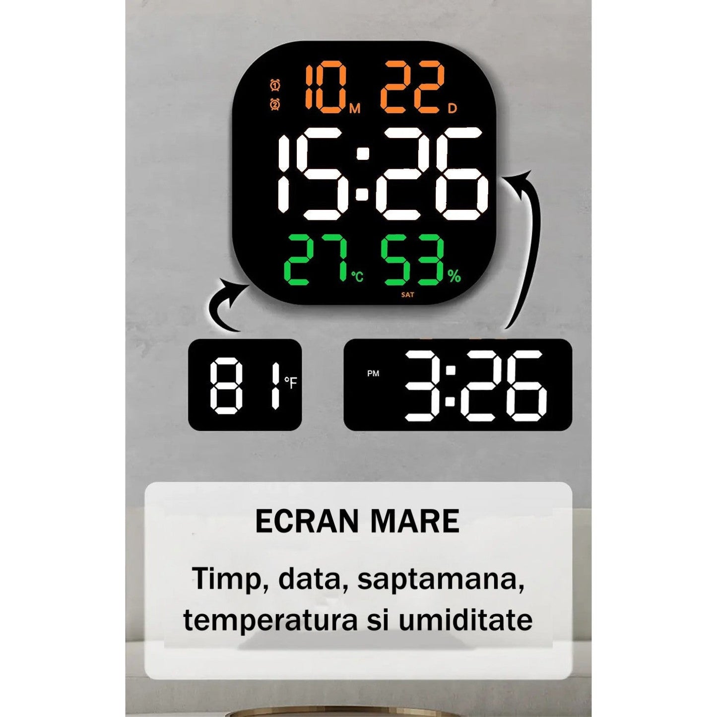 Ceas Digital de Masa si de Perete cu Lumina Led RGB, Calendar, Cronometru, Temperatura, Alarma, Termometru, Functie Snooze, Luminozitate Adjustabila, 32x32cm