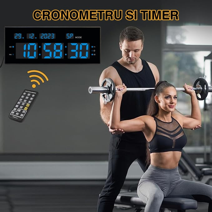Ceas Digital cu Cronometru de Masa si de Perete cu Lumina Led Albastru, Calendar, Timer, Alarma, Luminozitate Adjustabila, 32x12cm