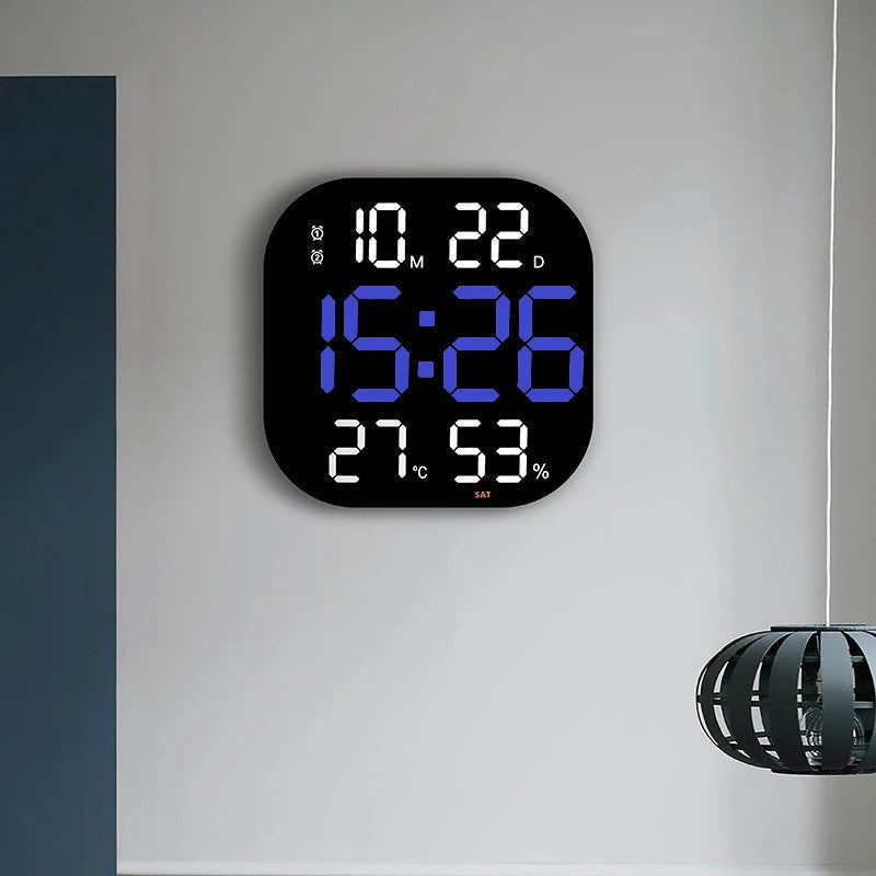 Ceas Digital de Masa si de Perete cu Lumina Led Albastru, Calendar, Cronometru, Temperatura, Alarma, Termometru, Functie Snooze, Luminozitate Adjustabila, 32x32cm