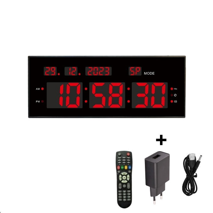 Ceas Digital cu Cronometru de Masa si de Perete cu Lumina Led Rosu, Calendar, Timer, Alarma, Luminozitate Adjustabila, 32x12cm