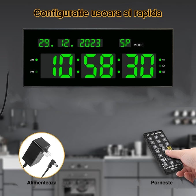 Ceas Digital cu Cronometru de Masa si de Perete cu Lumina Led Verde, Calendar, Timer, Alarma, Luminozitate Adjustabila, 32x12cm