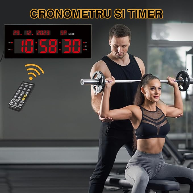 Ceas Digital cu Cronometru de Masa si de Perete cu Lumina Led Rosu, Calendar, Timer, Alarma, Luminozitate Adjustabila, 32x12cm