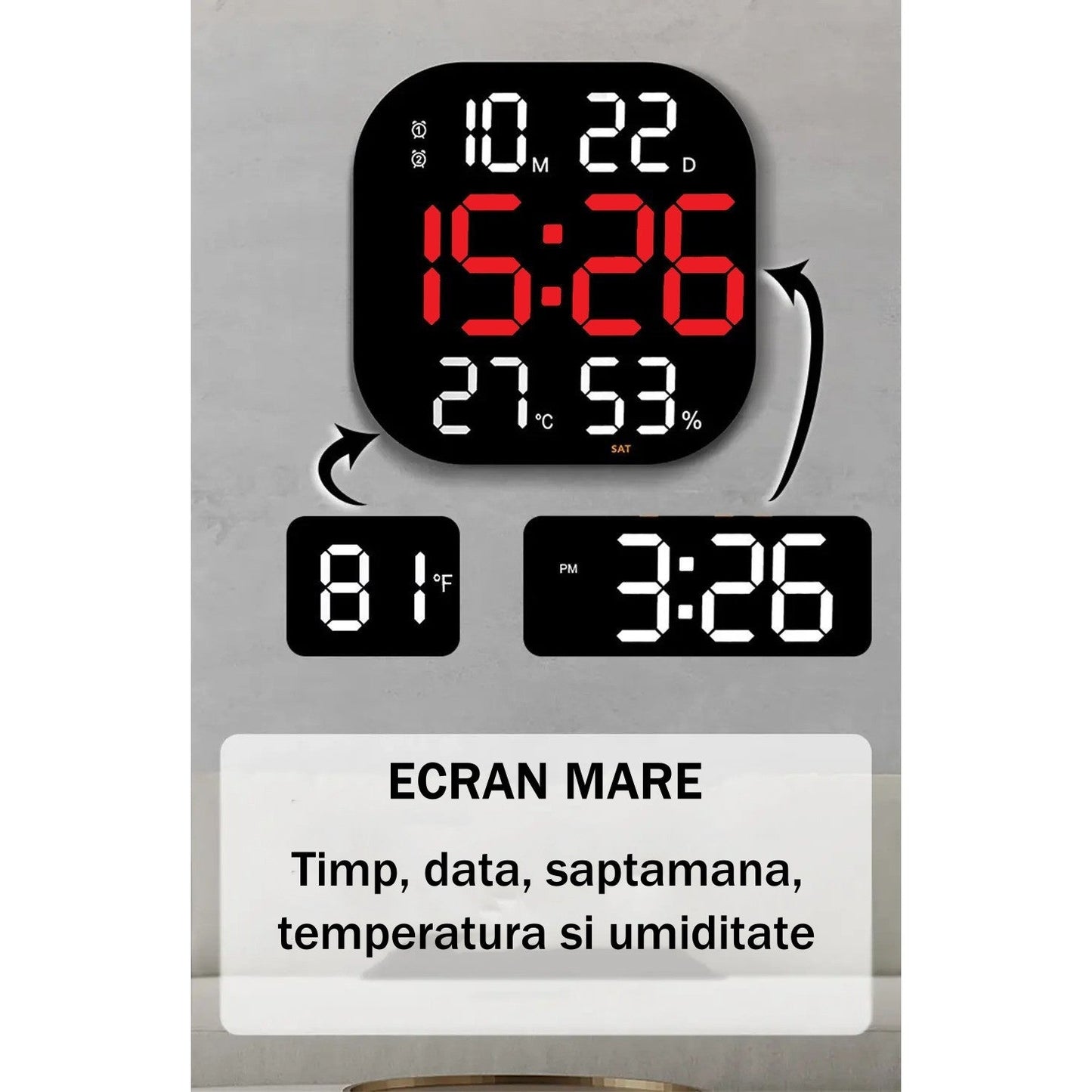 Ceas Digital de Masa si de Perete cu Lumina Led Rosu, Cronometru, Calendar, Temperatura, Alarma, Termometru, Functie Snooze, Luminozitate Adjustabila, 32x32cm