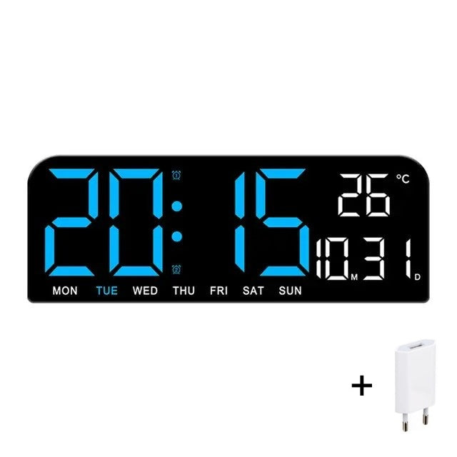 Ceas Digital de Masa si de Perete cu Lumina Led Albastru, Calendar, Cronometru, Temperatura, Alarma, Termometru, Functie Snooze, Luminozitate Adjustabila, 24x9cm