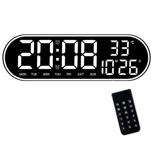 Ceas Digital de Masa si de Perete Oval cu Lumina Led Alb, Calendar, Cronometru, Temperatura, 2 Alarme, Termometru, Functie Snooze, 5 Trepte de Intensitate, Telecomanda, Afisare Umiditate, 38cm