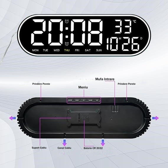 Ceas Digital de Masa si de Perete Oval cu Lumina Led Alb, Calendar, Cronometru, Temperatura, 2 Alarme, Termometru, Functie Snooze, 5 Trepte de Intensitate, Telecomanda, Afisare Umiditate, 38cm