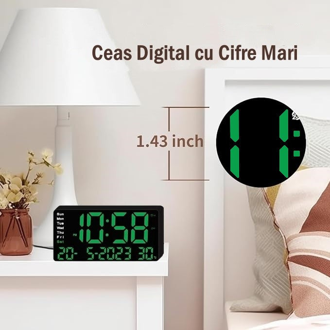 Ceas Digital de Masa cu Lumina Led Verde, Alarma, 3 Niveluri de Luminozitate, Calendar, Temperatura, Functie Snooze, Mod de Noapte, 11x22cm