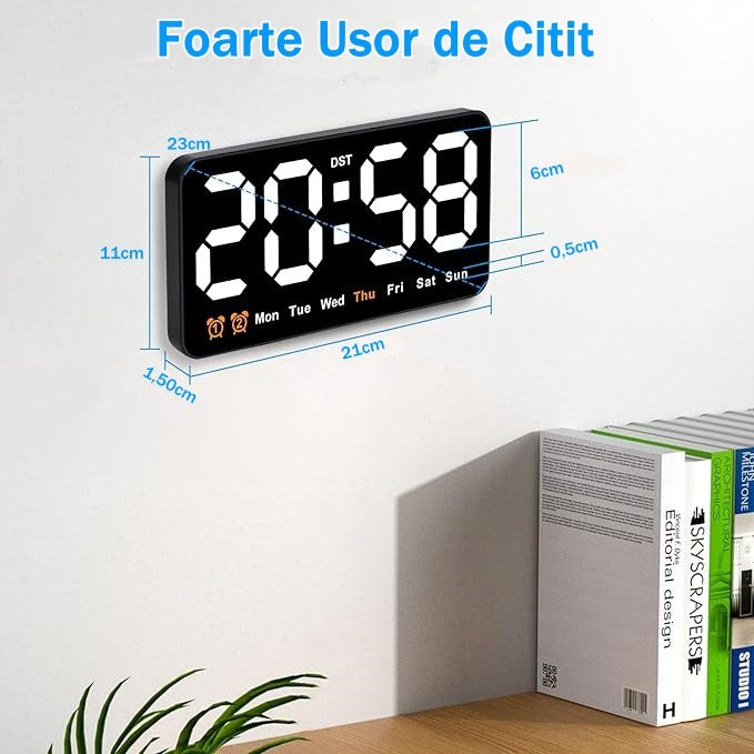 Ceas Digital de Masa si de Perete cu Lumina Led Alb, Alarma, Calendar, Temperatura, Functie Snooze, Mod de Noapte, 11x21cm