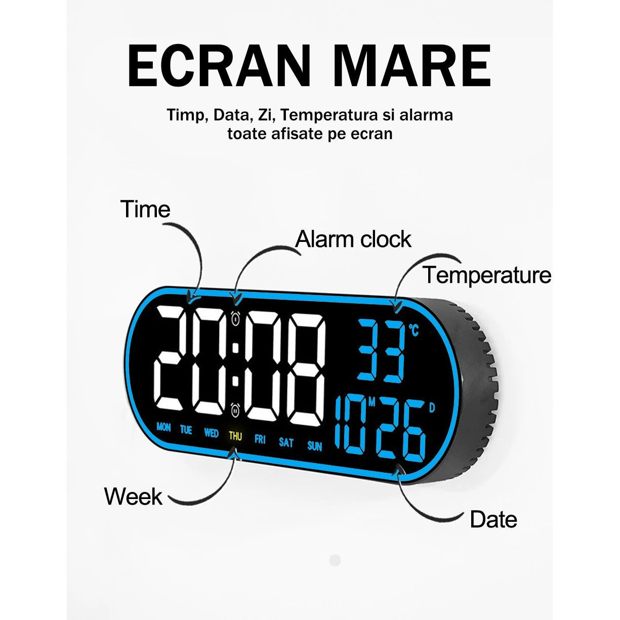 Ceas Digital de Masa si de Perete Oval cu Lumina Led Albastru, Calendar, Cronometru, Temperatura, 2 Alarme, Termometru, Functie Snooze, 5 Trepte de Intensitate, Telecomanda, Afisare Umiditate, 38cm