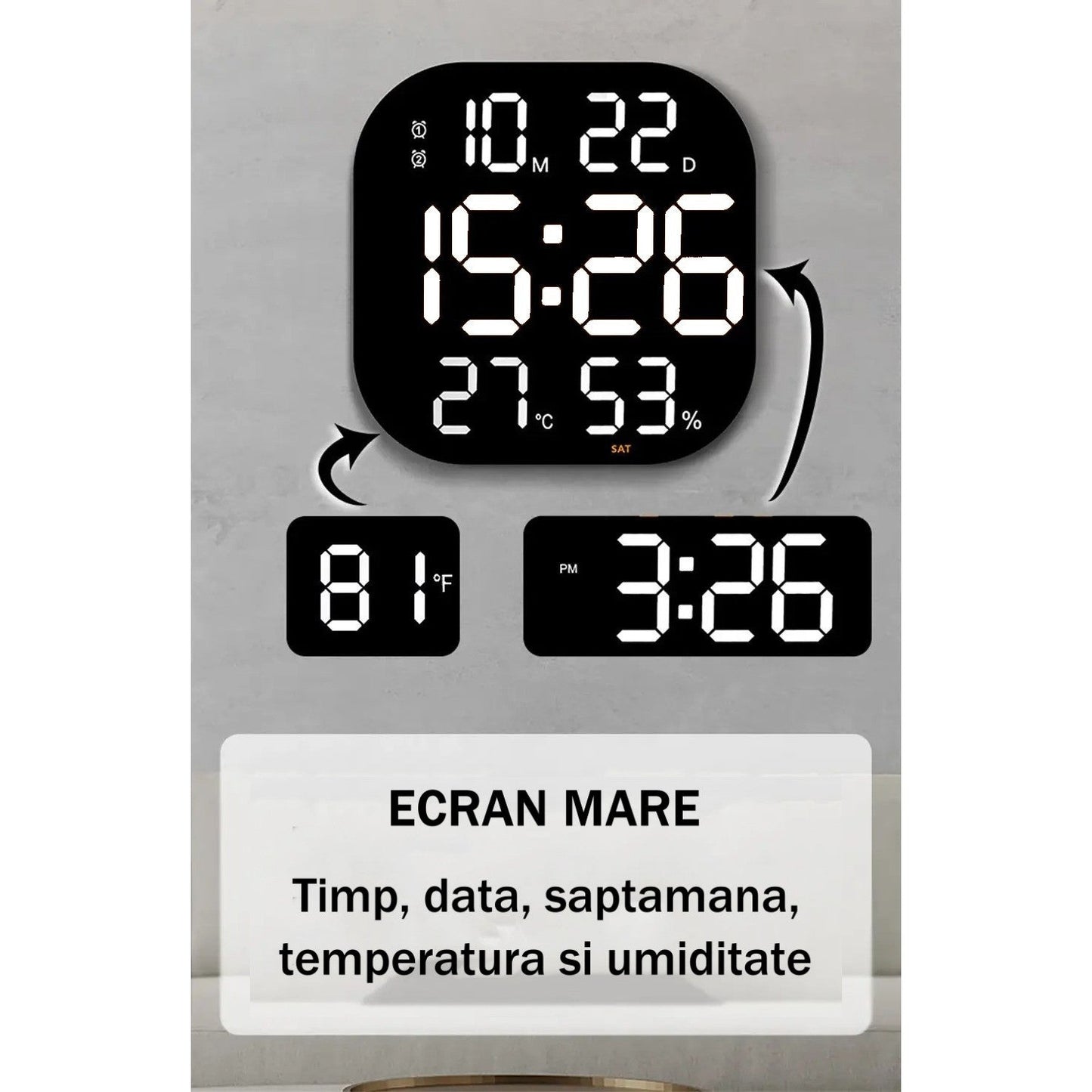 Ceas Digital de Masa si de Perete cu Lumina Led Alb, Calendar, Cronometru, Temperatura, Alarma, Termometru, Functie Snooze, Luminozitate Adjustabila, 32x32cm