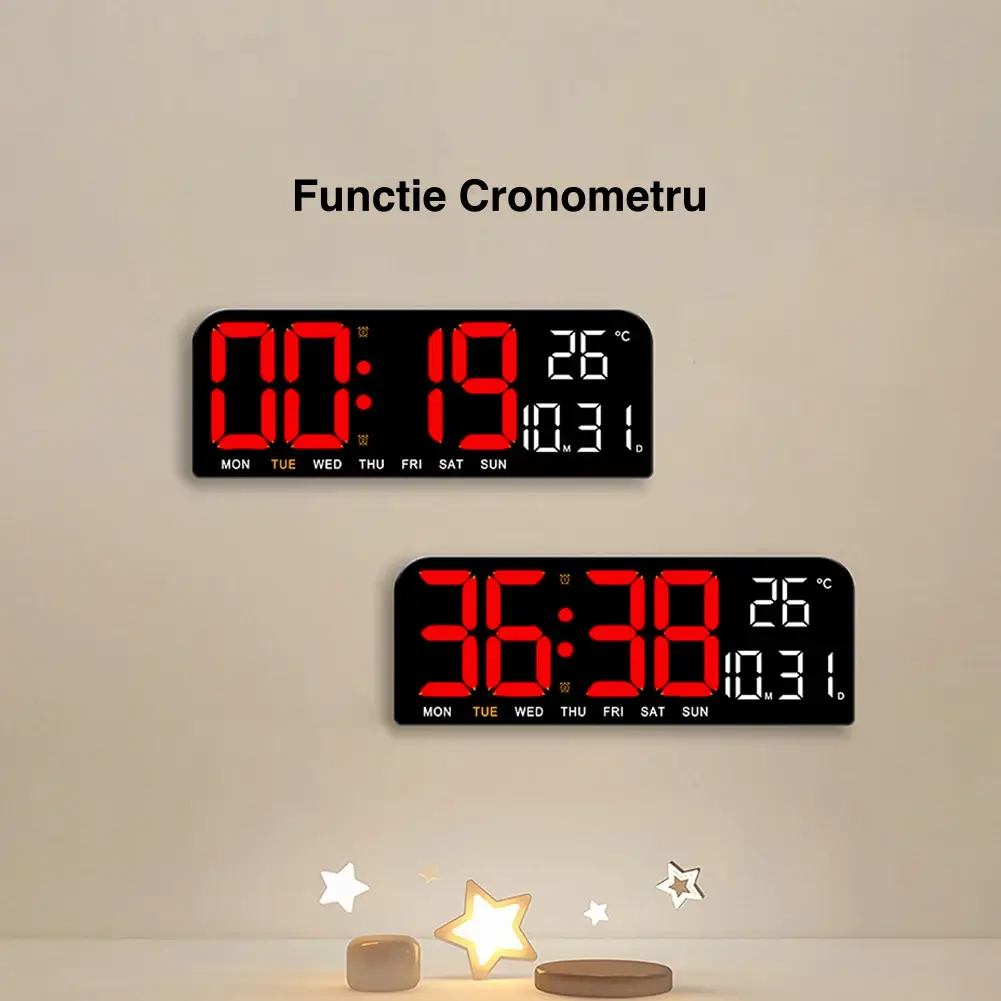 Ceas Digital de Masa si de Perete cu Lumina Led Rosu, Calendar, Cronometru, Temperatura, Alarma, Termometru, Functie Snooze, Luminozitate Adjustabila, 24x9cm