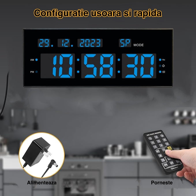 Ceas Digital cu Cronometru de Masa si de Perete cu Lumina Led Albastru, Calendar, Timer, Alarma, Luminozitate Adjustabila, 32x12cm