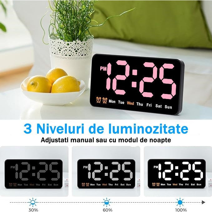 Ceas Digital de Masa si de Perete cu Lumina Led Roz, Alarma, Calendar, Temperatura, Functie Snooze, Mod de Noapte, 11x21cm