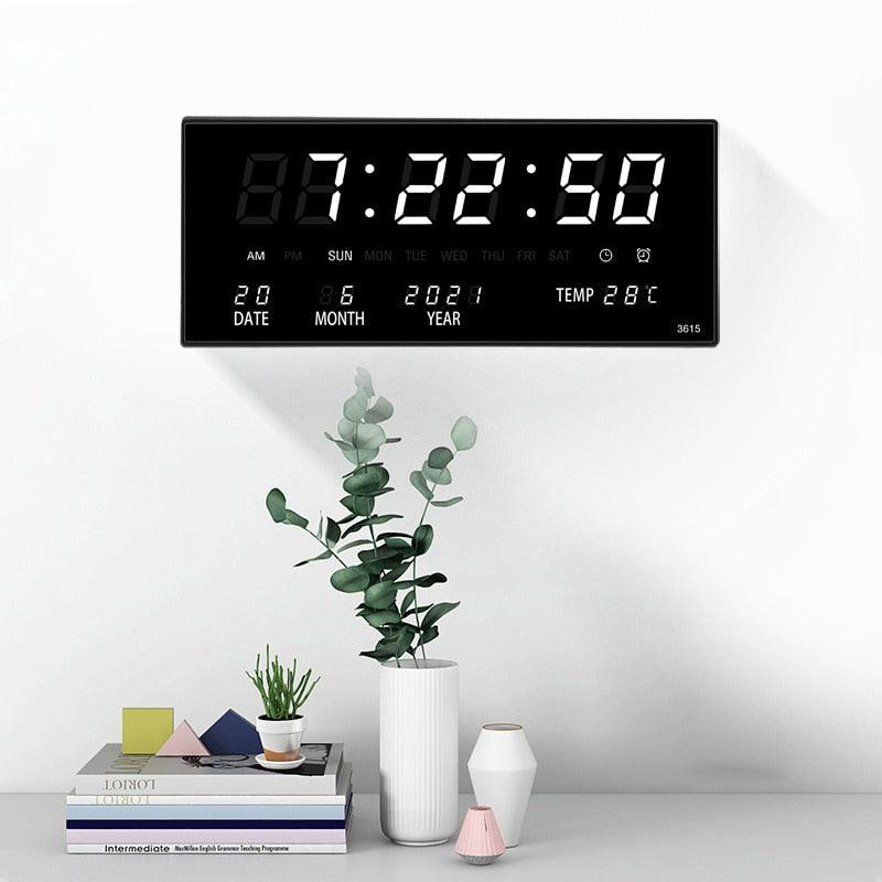 Ceas Digital de Perete cu Led Alb, Calendar, Temperatura, Alarma, Termometru, 36x15cm - Ceasuri Moderne