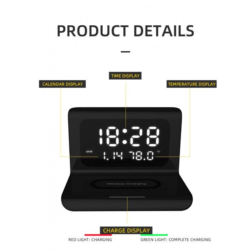Ceas Digital de Birou cu Incarcare Wireless rapid, Alarma, Negru, Compatibil cu IOS si Android - Ceasuri Moderne
